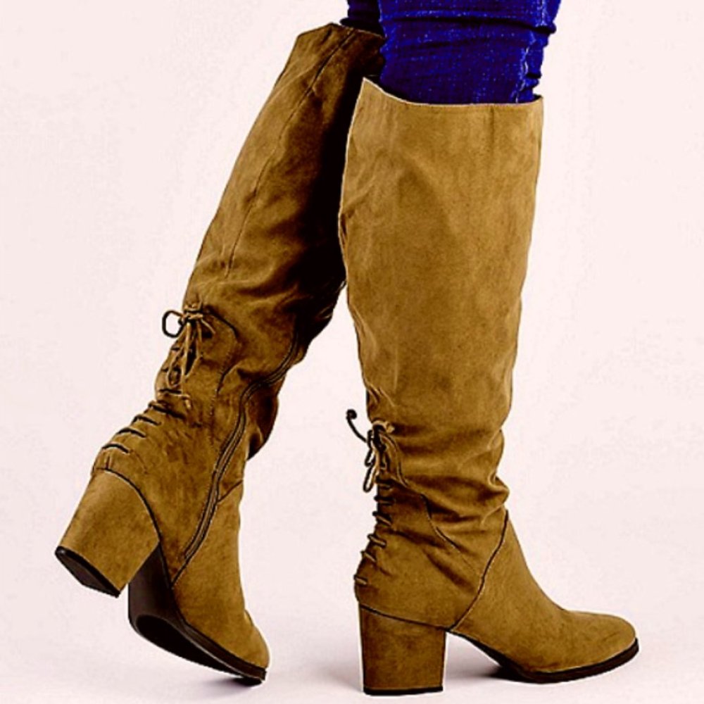 Women's Faux Suede Zipper Block Heel Wide Calf Boot Brown Size 7.5‎ NWOT - Picture 2 of 13